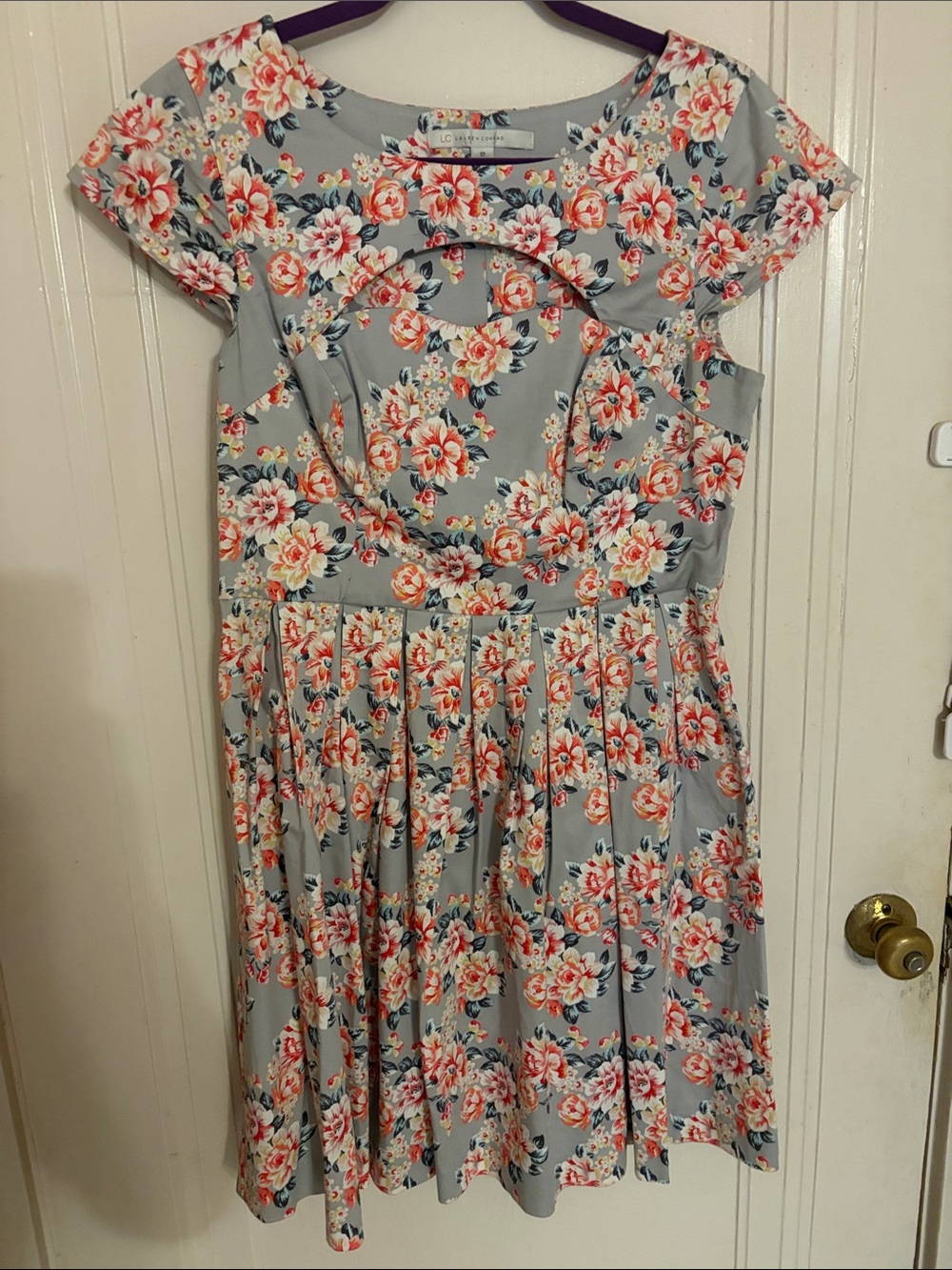 LC Lauren Conrad Gray Floral Cutout Fit-and-Flare Dress with Coral Blooms